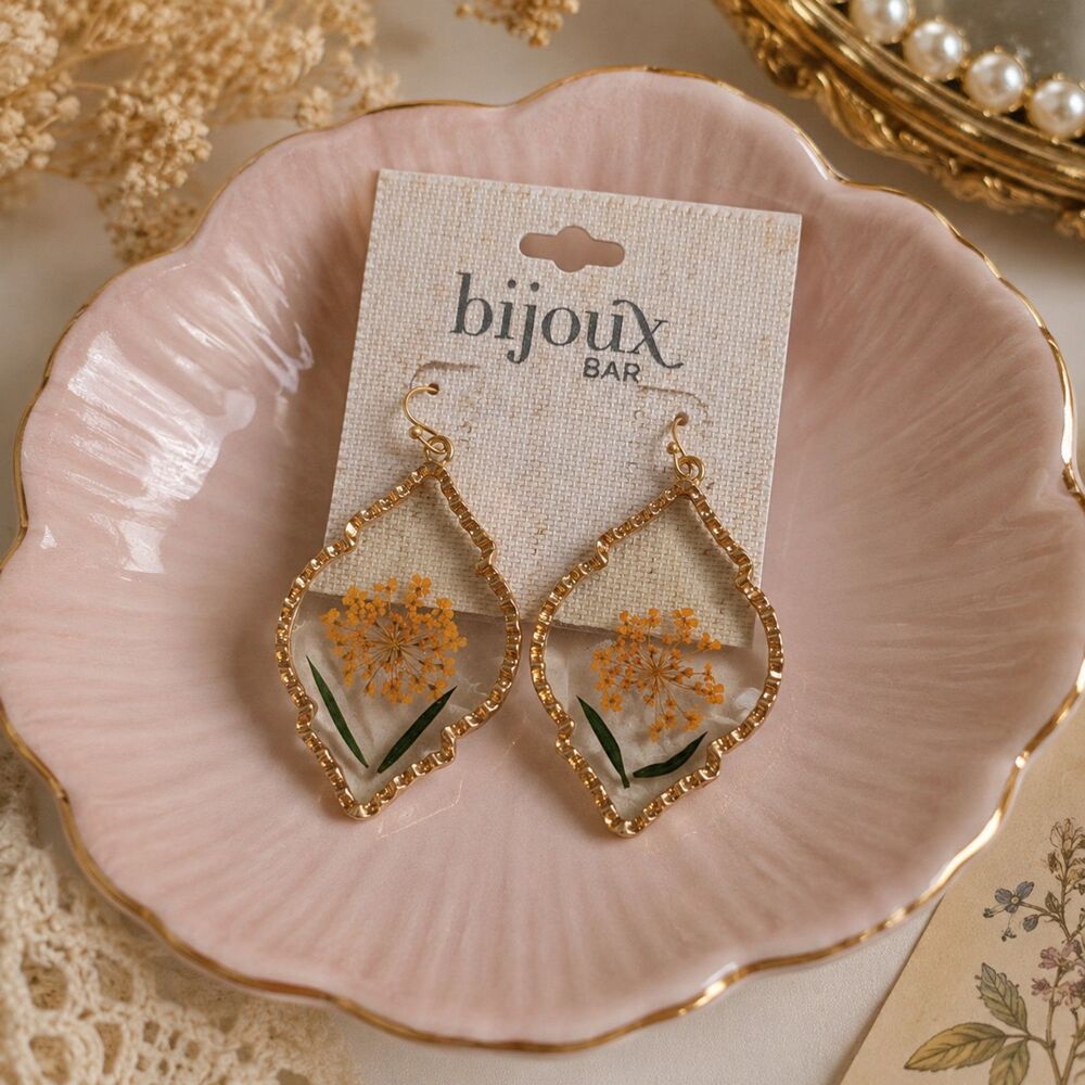 Bijoux Bar Pressed Flower Drop Earrings, Orange Floral Resin, Cottagecore Boho